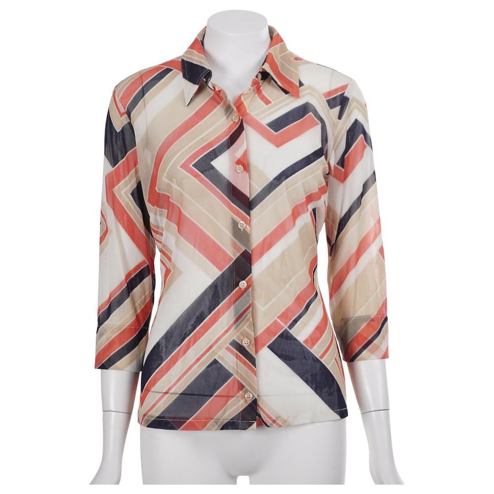 NEW YORK & COMPANY Top S Coral Blue Geometric Sheer Mesh Button Up Disco Retro